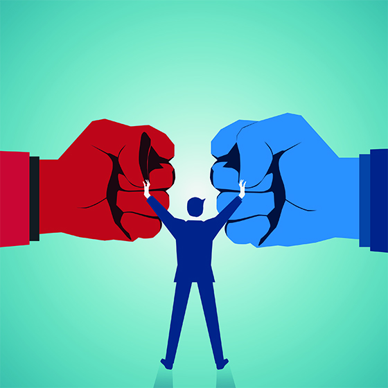Mediate and legal mediation business concept as a businessman or lawyer separating two fist glove opposing competitors as an arbitration success symbol for finding a solution to solve a conflict. Vector flat